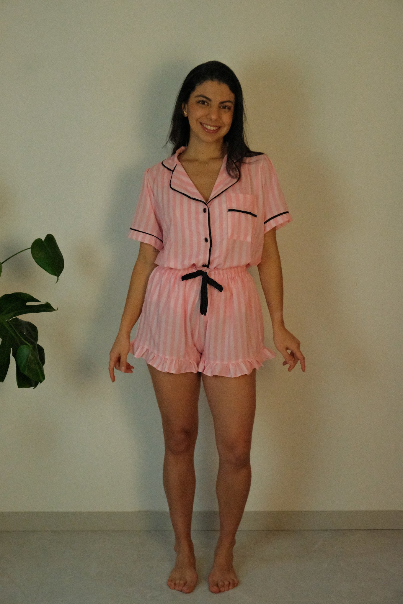 Pink Stripe Satin Short Sleeve Pajama Set