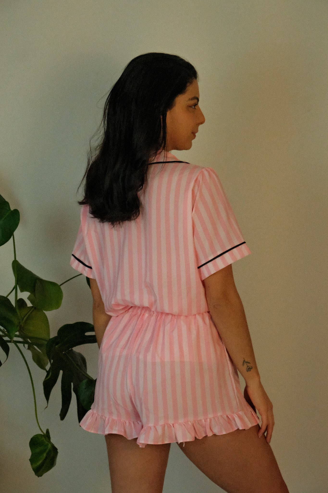 Pink Stripe Satin Short Sleeve Pajama Set